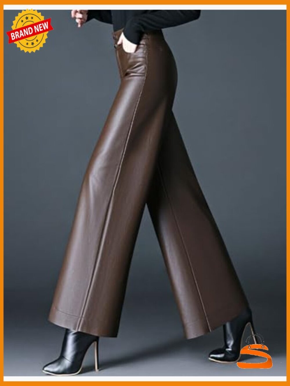 High Waist Wide Leg Faux Leather Palazzo Pants With Pockets - Picture 2 of 5